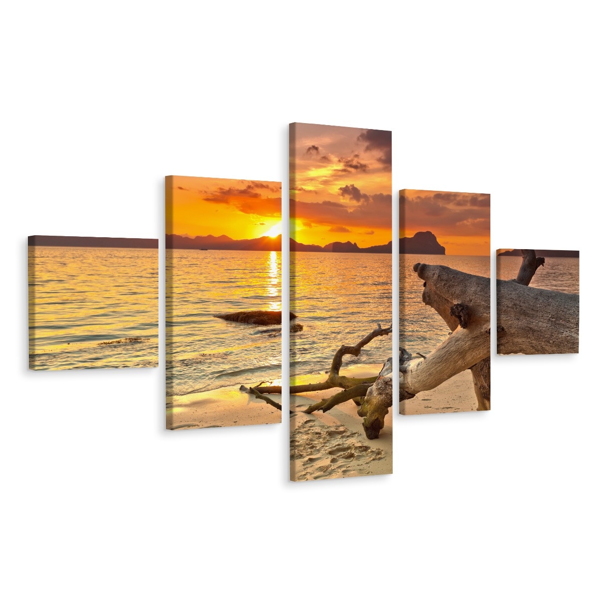 Schilderij - Zee en zonsondergang, 5 luik, Premium Print afbeelding