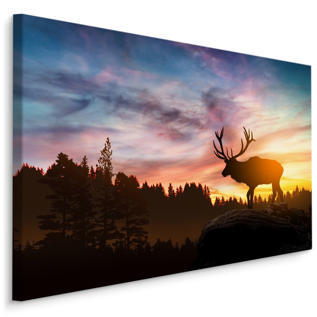 Schilderij - Hert bij zonsopkomst, majestueus, Premium Print afbeelding