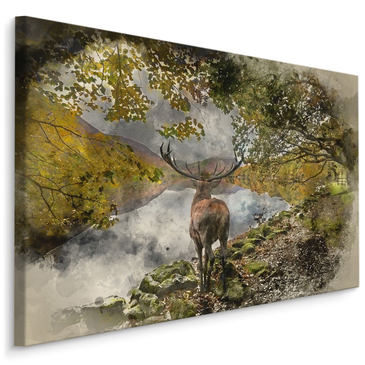 Schilderij - Hert op de uitkijk, 90x60cm. Premium print afbeelding
