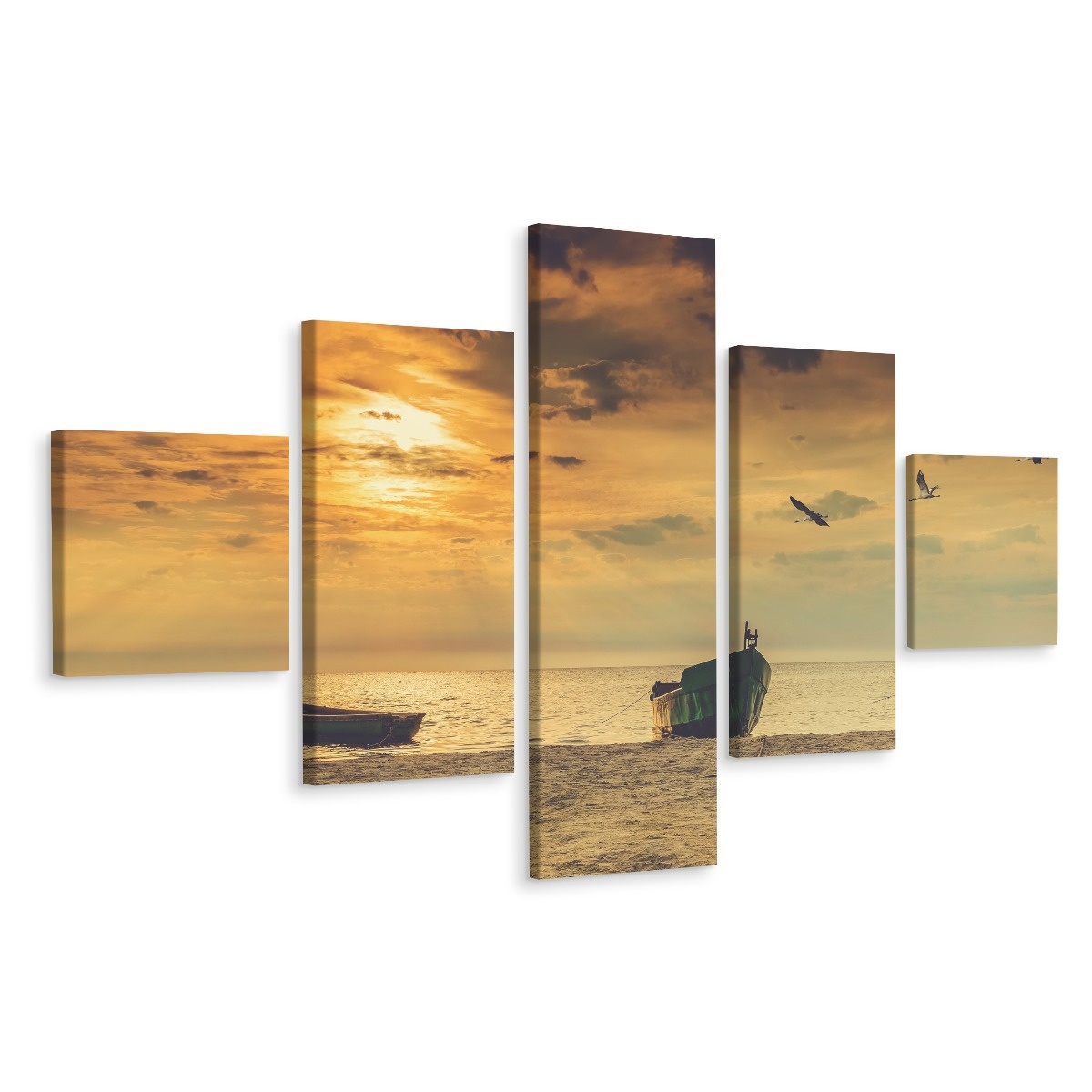 Schilderij - Boten op het strand, 5 luik, Premium Print afbeelding