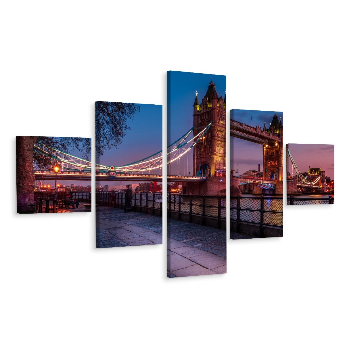 Schilderij - Tower Bridge in de avonduren, 5 luik, Premium Print afbeelding