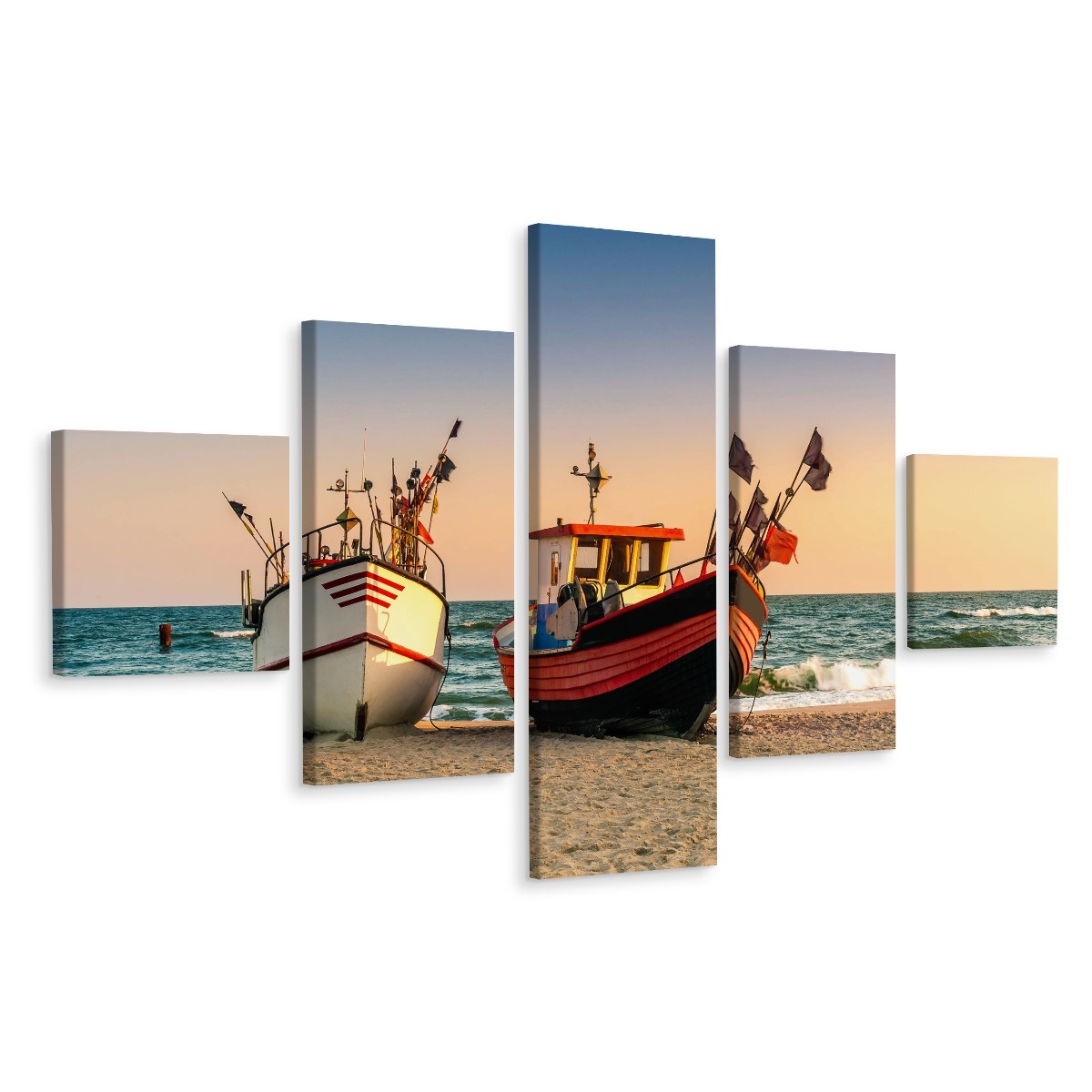 Schilderij - Vissersboten op het Strand, Premium print afbeelding