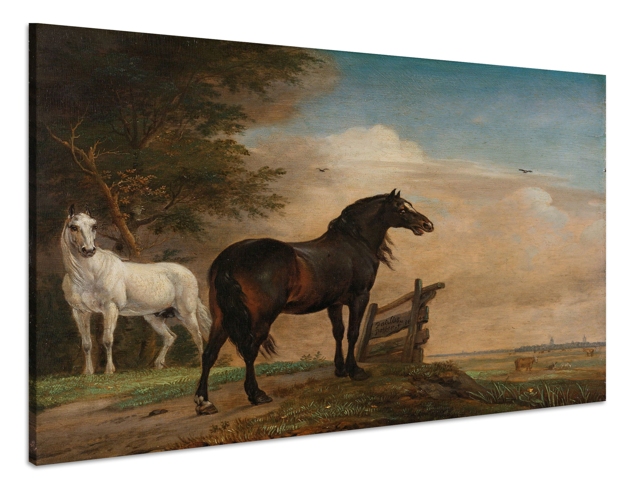 Schilderij - Paulus Potter, Twee paarden in de wei bij een hek, 1649, reproductie, 60x80cm afbeelding