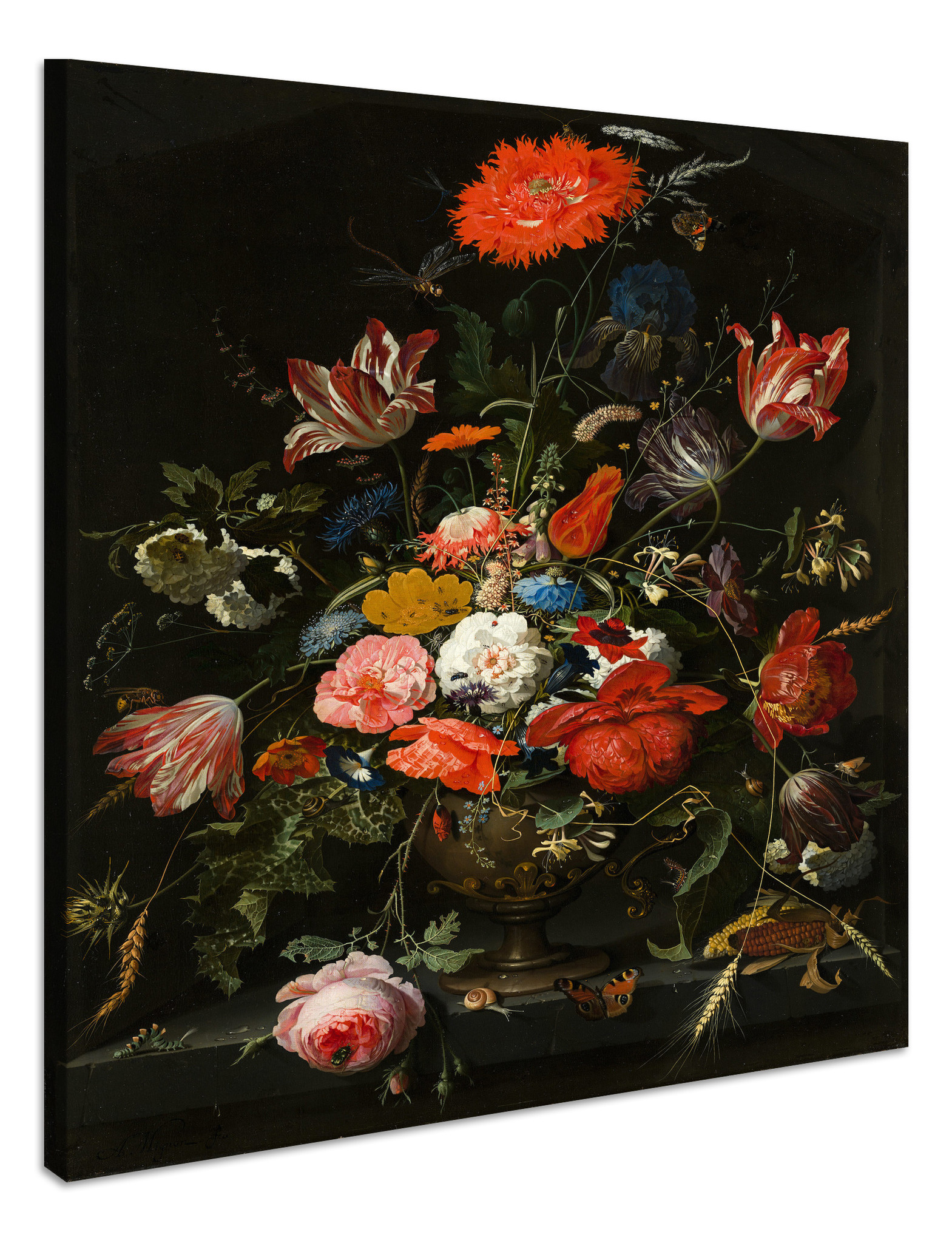 Schilderij - Abraham Mignon, Bloemen in een metalen vaas, c. 1670, 70x100cm afbeelding