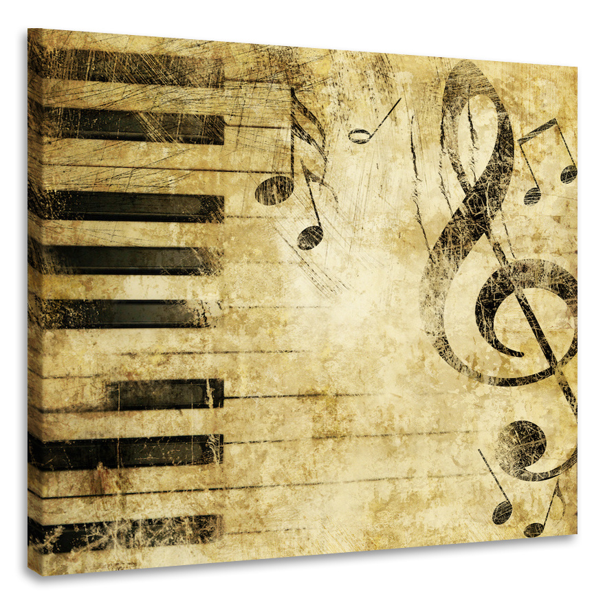 Schilderij - Grunge piano, muziek, 3 maten, print op canvas afbeelding