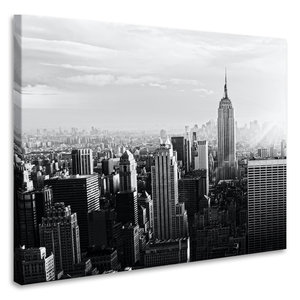 Karo-art Schilderij - New York City skyline in zwart en wit, Empire state building, 3 maten, print op canvas,