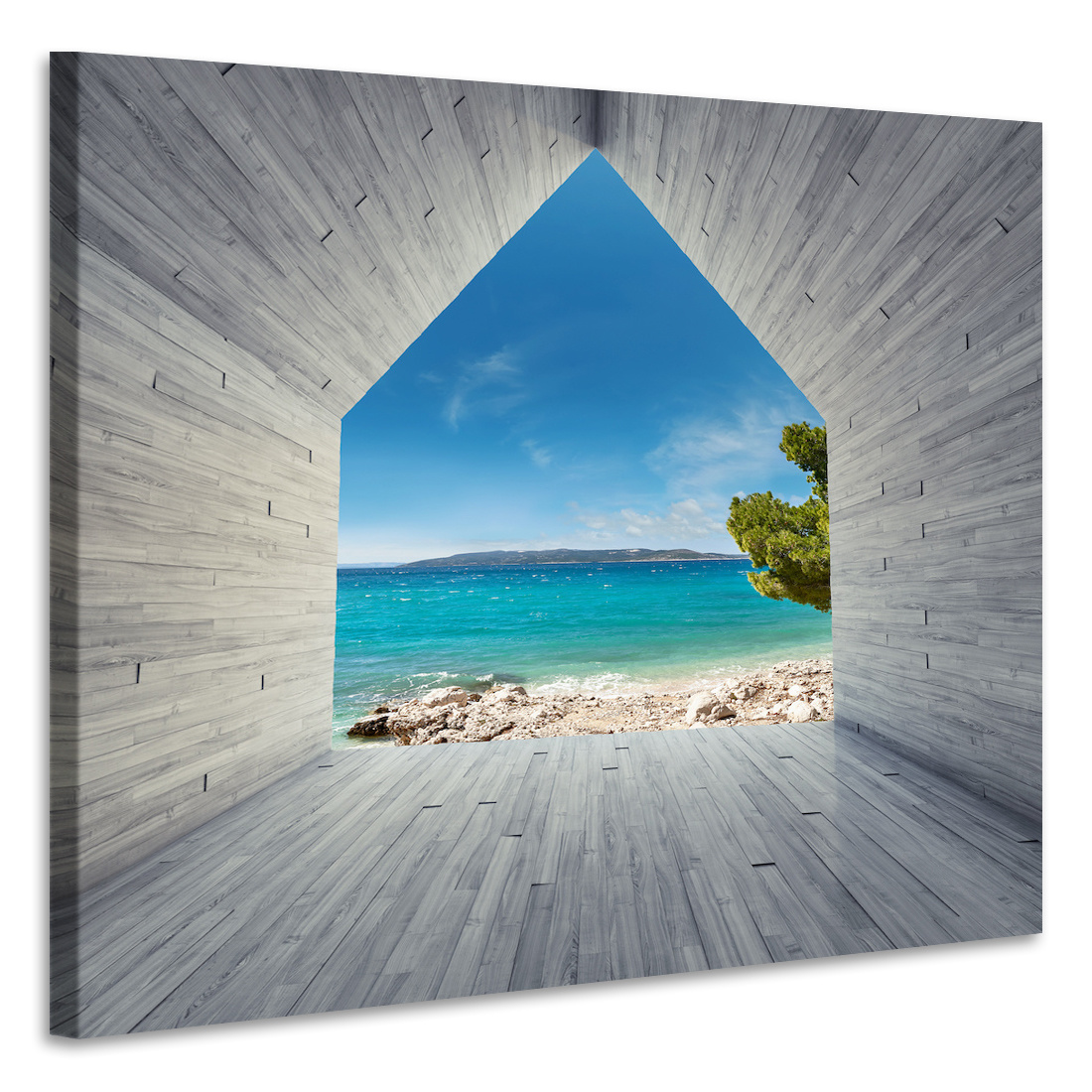Schilderij - Uitzicht zee en bergen , premium print, 3 maten afbeelding