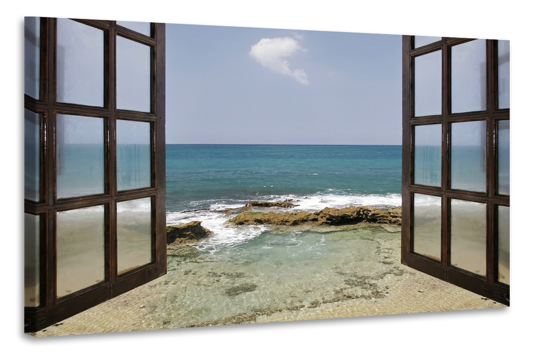 Schilderij - Uitzicht op zee door raam, 2 maten, Premium print afbeelding