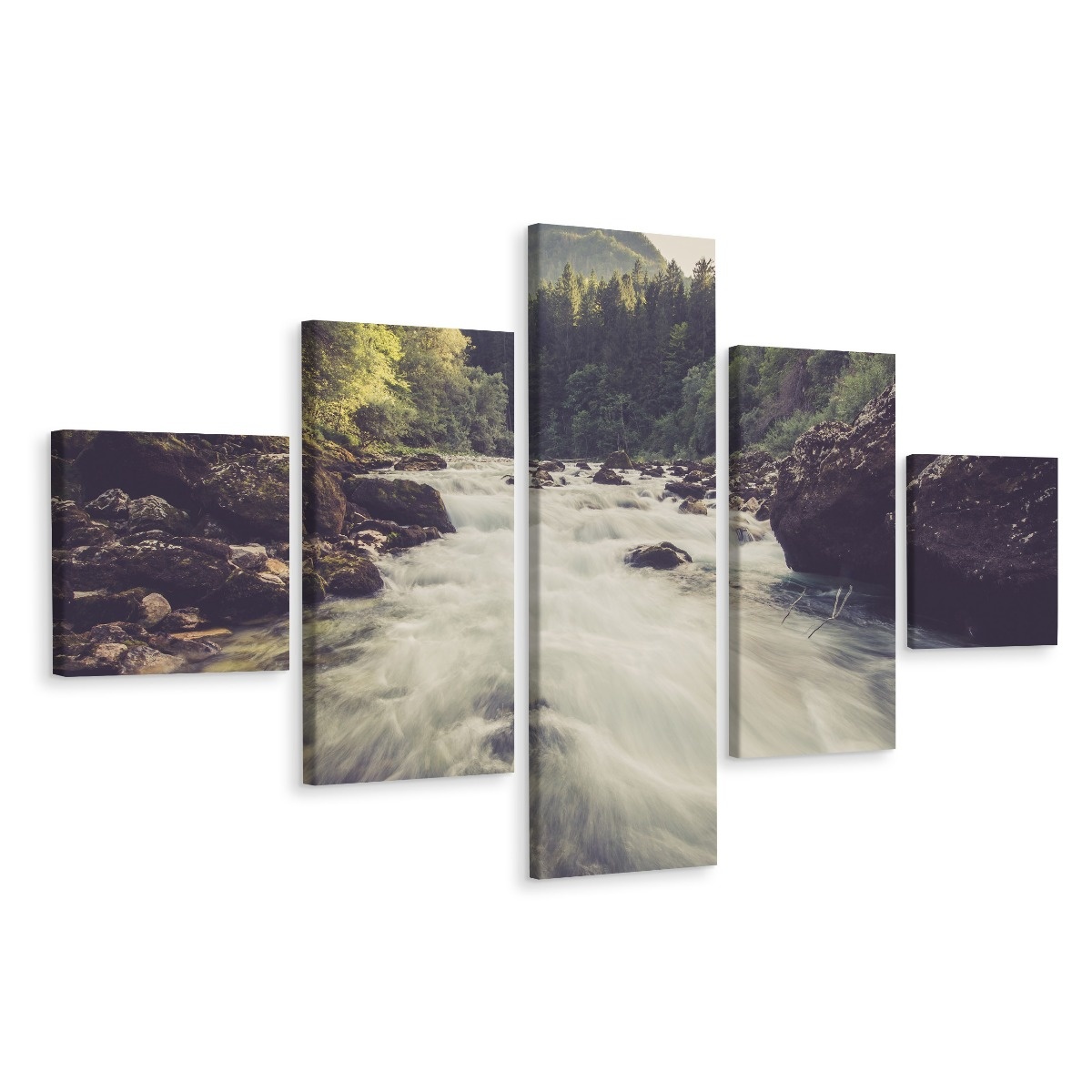Schilderij - Bergrivier in het Bos, 5 luik, Premium Print afbeelding