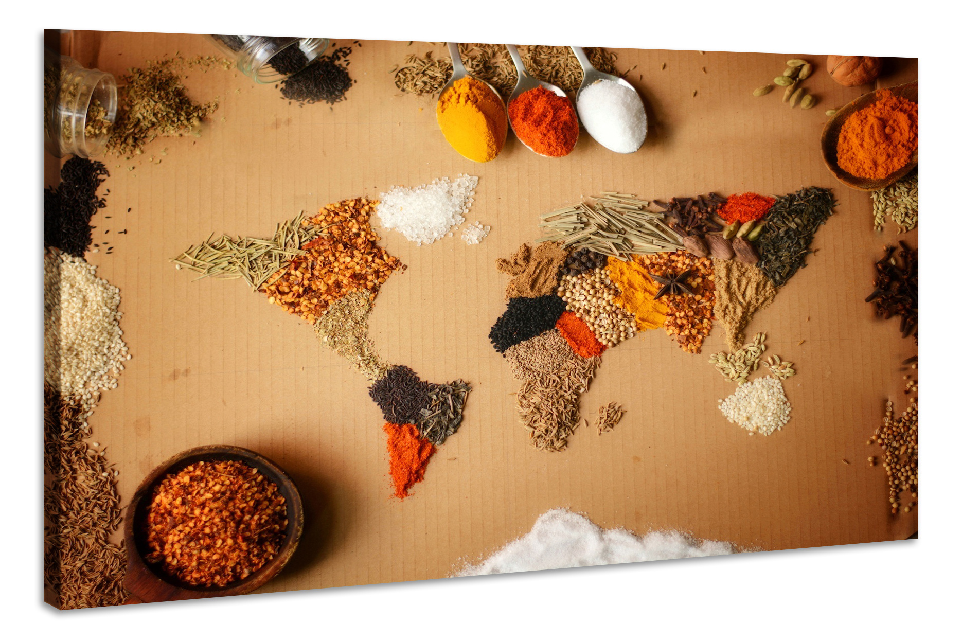 Schilderij - Kruiden van de Wereld, Wereldkaart, Premium Print afbeelding
