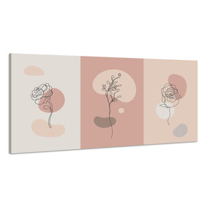 Karo-art Schilderij - Liefde voor Bloemen, Line-art in het roze, Premium Print, 100x50cm