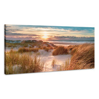 Karo-art Schilderij - Ondergaande zon op het strand, Premium print, 90x50cm