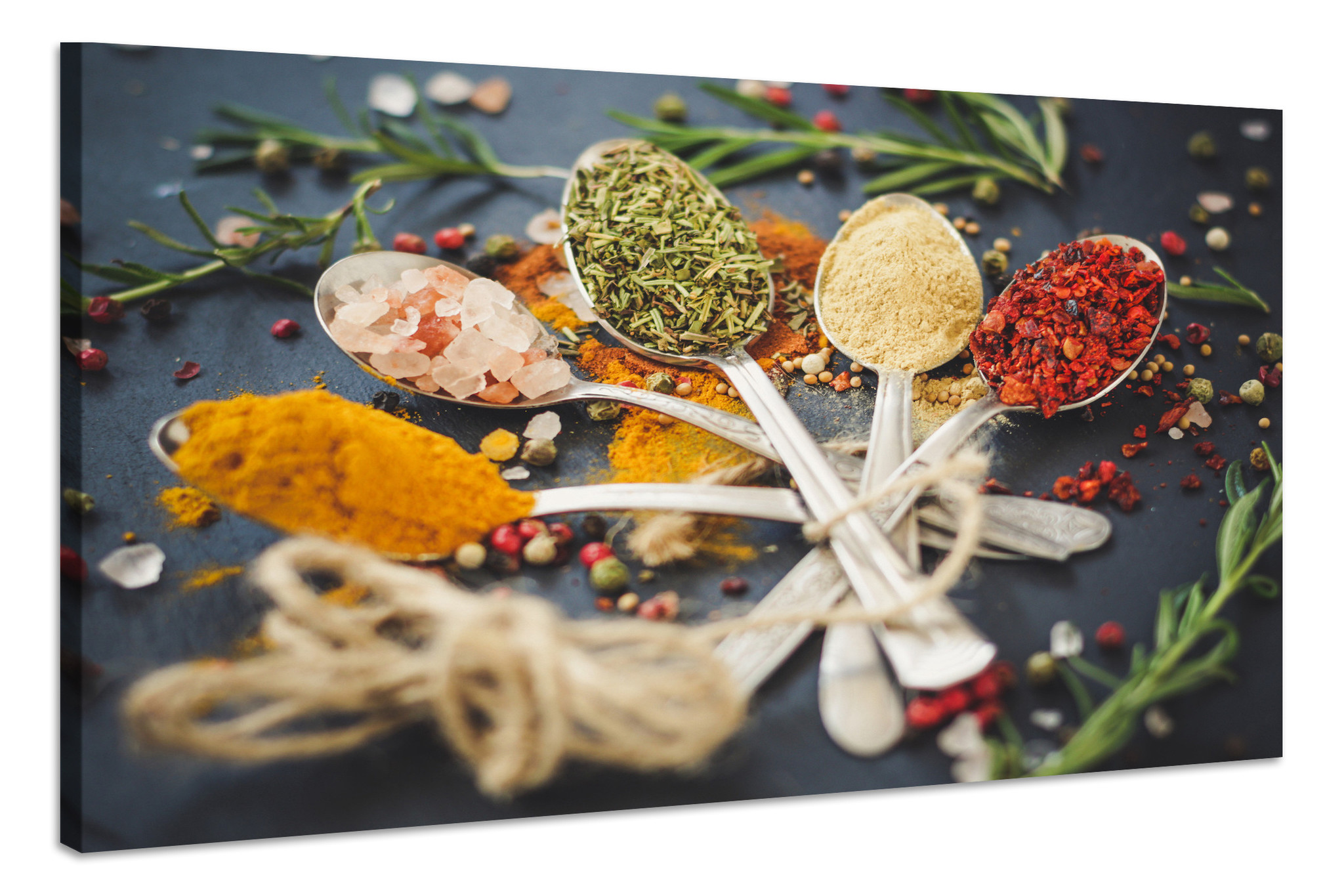Schilderij - Kruiden en Specerijen op lepels, Premium Print, Wanddecoratie afbeelding