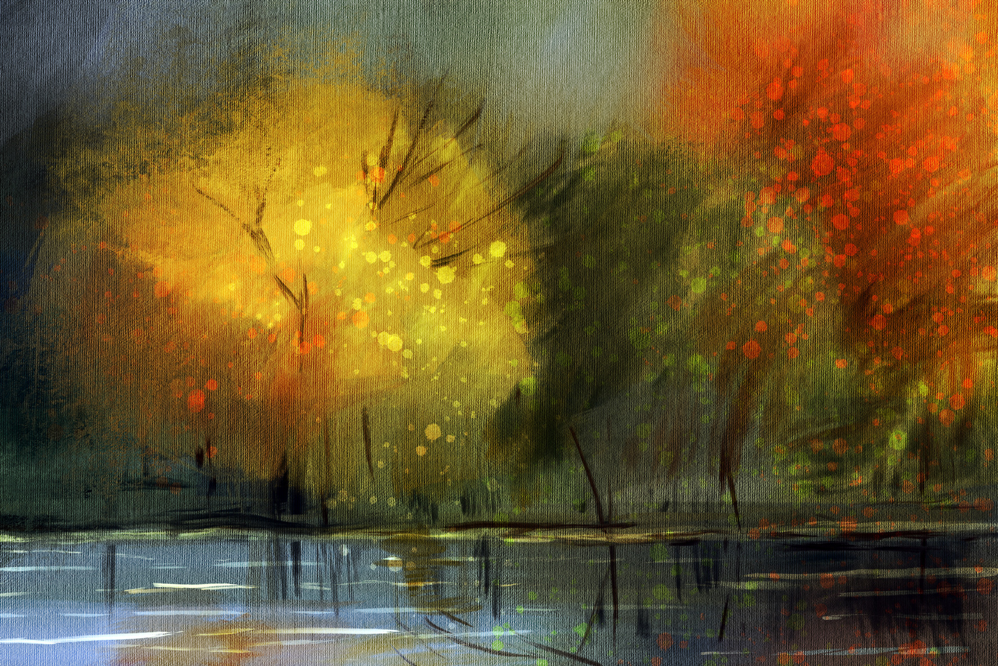 Schilderij - Herfstlandschap Abstract, Prachtige print op premium canvas, Wanddecoratie afbeelding