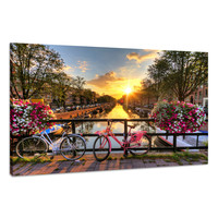 Karo-art Schilderij - Zonnig Amsterdam, Fietsen en Gracht, Premium Print, Wanddecoratie