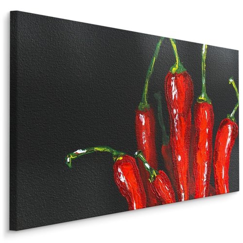Schilderij - Chili pepers (print op canvas), rood/zwart, wanddecoratie, scherp geprijsd , 100x70cm