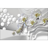 Fotobehang - Witte Orchideeën in het abstracte, wit/grijs/groen, Premium print vinyl, 11 maten, voor woon en slaapkamer, incl instructies en behanglijm