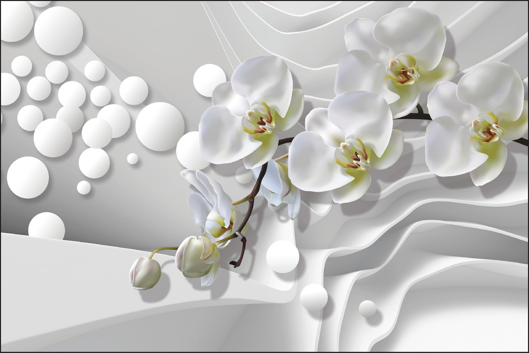 Fotobehang - Witte Orchideeën in het abstracte, wit/grijs/groen, Premium print vinyl, 11 maten, voor woon en slaapkamer, incl instructies en behanglijm - 416 x 290 cm