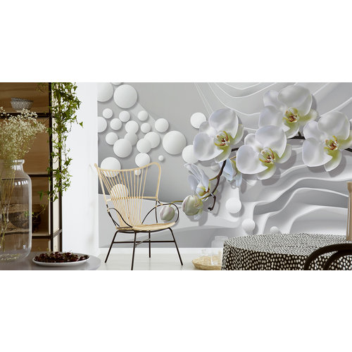 Fotobehang - Witte Orchideeën in het abstracte, wit/grijs/groen, Premium print vinyl, 11 maten, voor woon en slaapkamer, incl instructies en behanglijm
