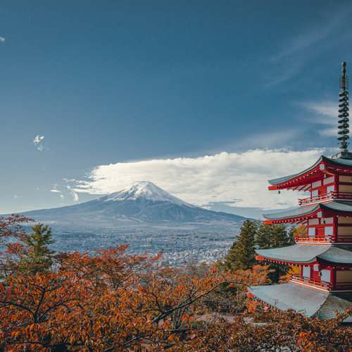 Fotobehang - Japanse pagode in de herfst, te koop in 11 maten, premium print, incl behanglijm