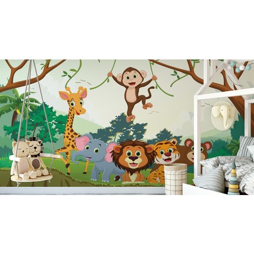 Fotobehang - Blije dieren in de Jungle, Kinderkamer, te koop in 11 maten, inclusief behanglijm