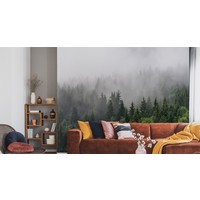 Fotobehang - Bomen in de mist, Bos, groen/grijs, Vinyl behang, 11 maten, Premium Print, inclusief behanglijm, eenvoudig aan te brengen