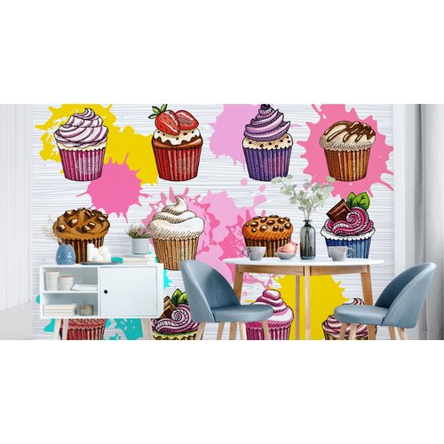 Fotobehang - Verschillende soorten Cupcakes, ook leuk in de kinderkamer, 11 maten, inclusief behanglijm