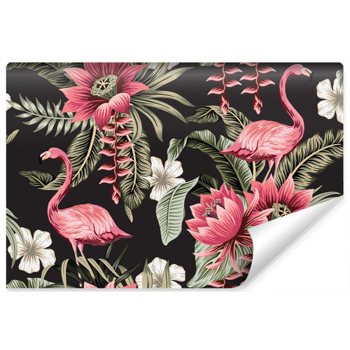 Fotobehang - Tropische bloemen en Flamingo's Vintage, 11 maten, premium print, incl behanglijm