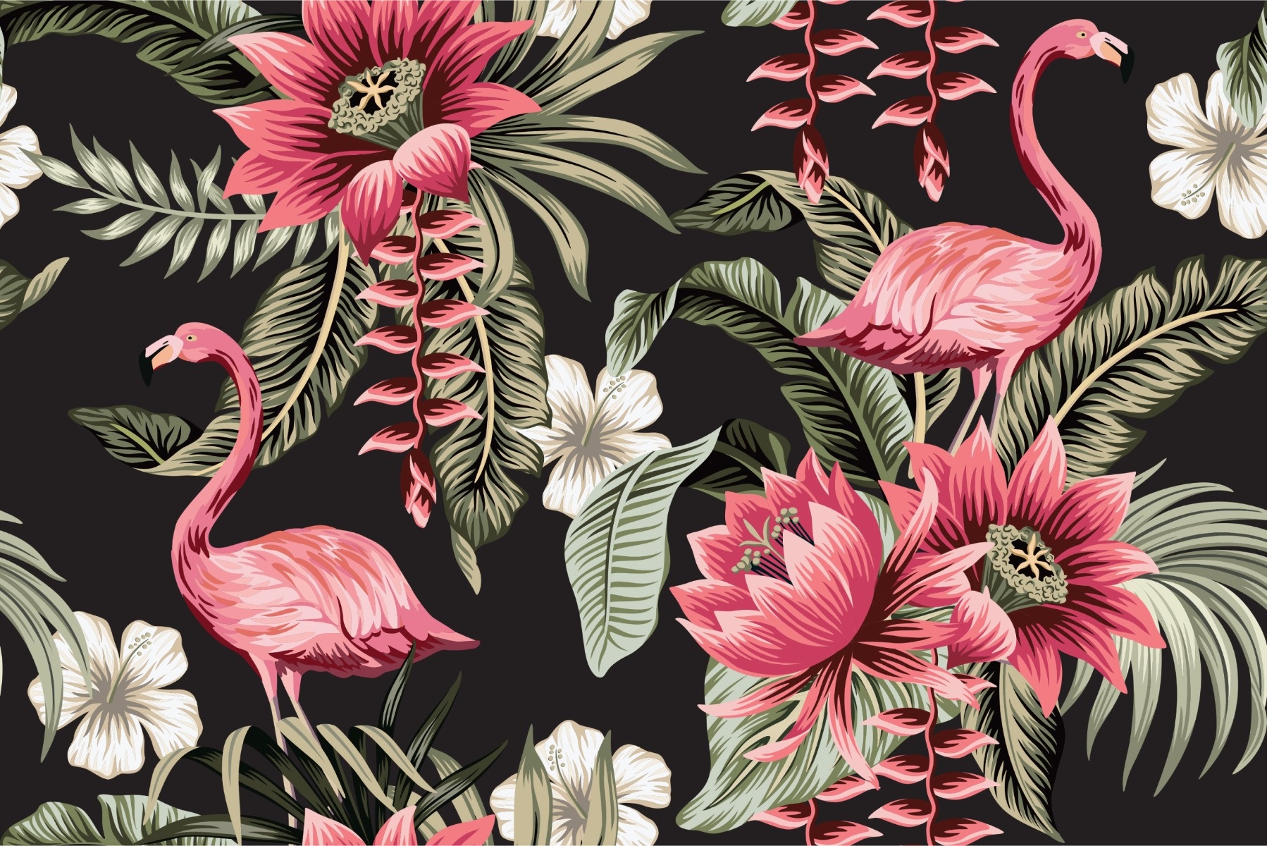 Fotobehang - Tropische bloemen en Flamingo's Vintage, 11 maten, premium print, incl behanglijm