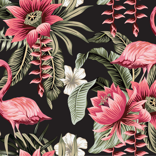 Fotobehang - Tropische bloemen en Flamingo's Vintage, 11 maten, premium print, incl behanglijm