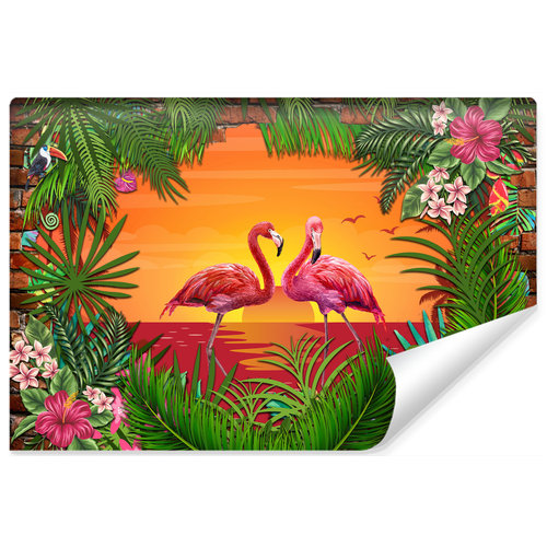 Fotobehang - Flamingo's, roze/groen, ook mooi in de kinderkamer, 11 maten, incl behanglijm