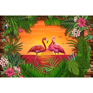 Fotobehang - Flamingo's, roze/groen, ook mooi in de kinderkamer, 11 maten, incl behanglijm