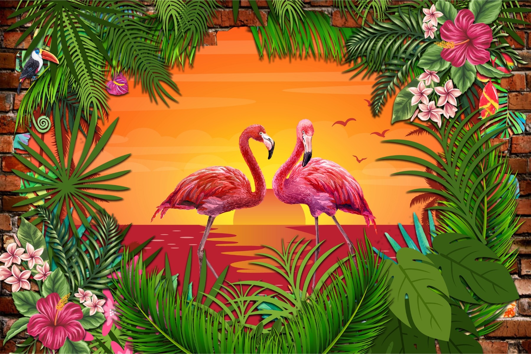 Fotobehang - Flamingo's, roze/groen, ook mooi in de kinderkamer, 11 maten, incl behanglijm