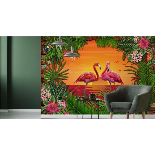 Fotobehang - Flamingo's, roze/groen, ook mooi in de kinderkamer, 11 maten, incl behanglijm