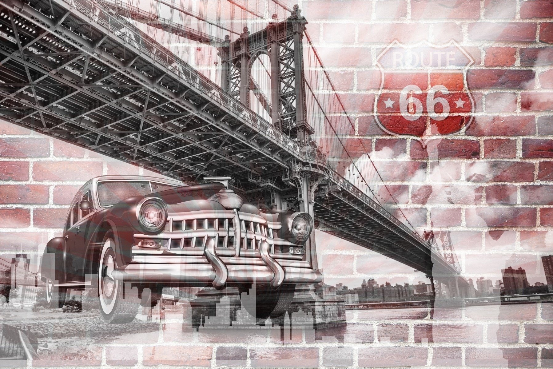 Fotobehang - Amerika, USA, Oldtimer, route66, Brooklyn Bridge, Op stenen achtergrond, 11 maten, incl