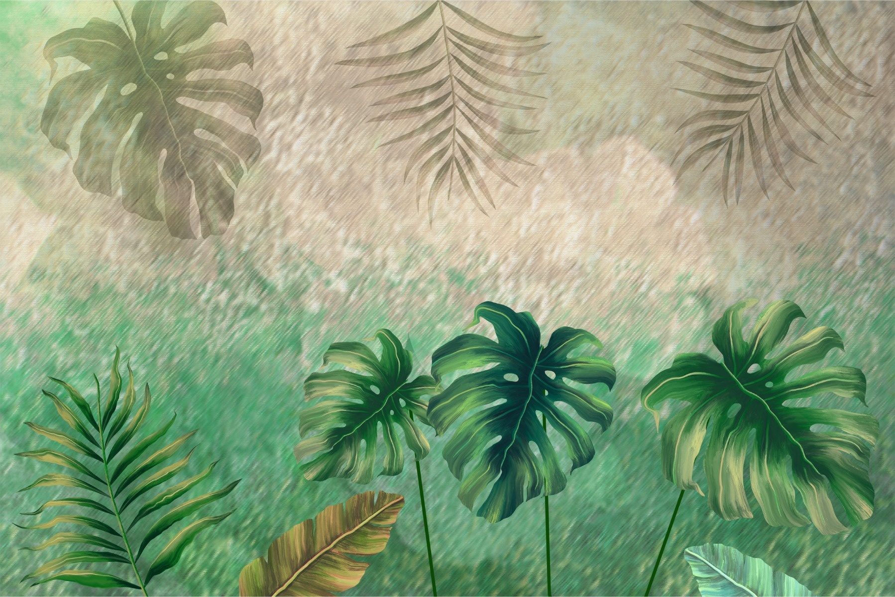 Fotobehang - Tropische planten op een abstracte achtergrond, 11 maten, prachtig behang, inclusief be