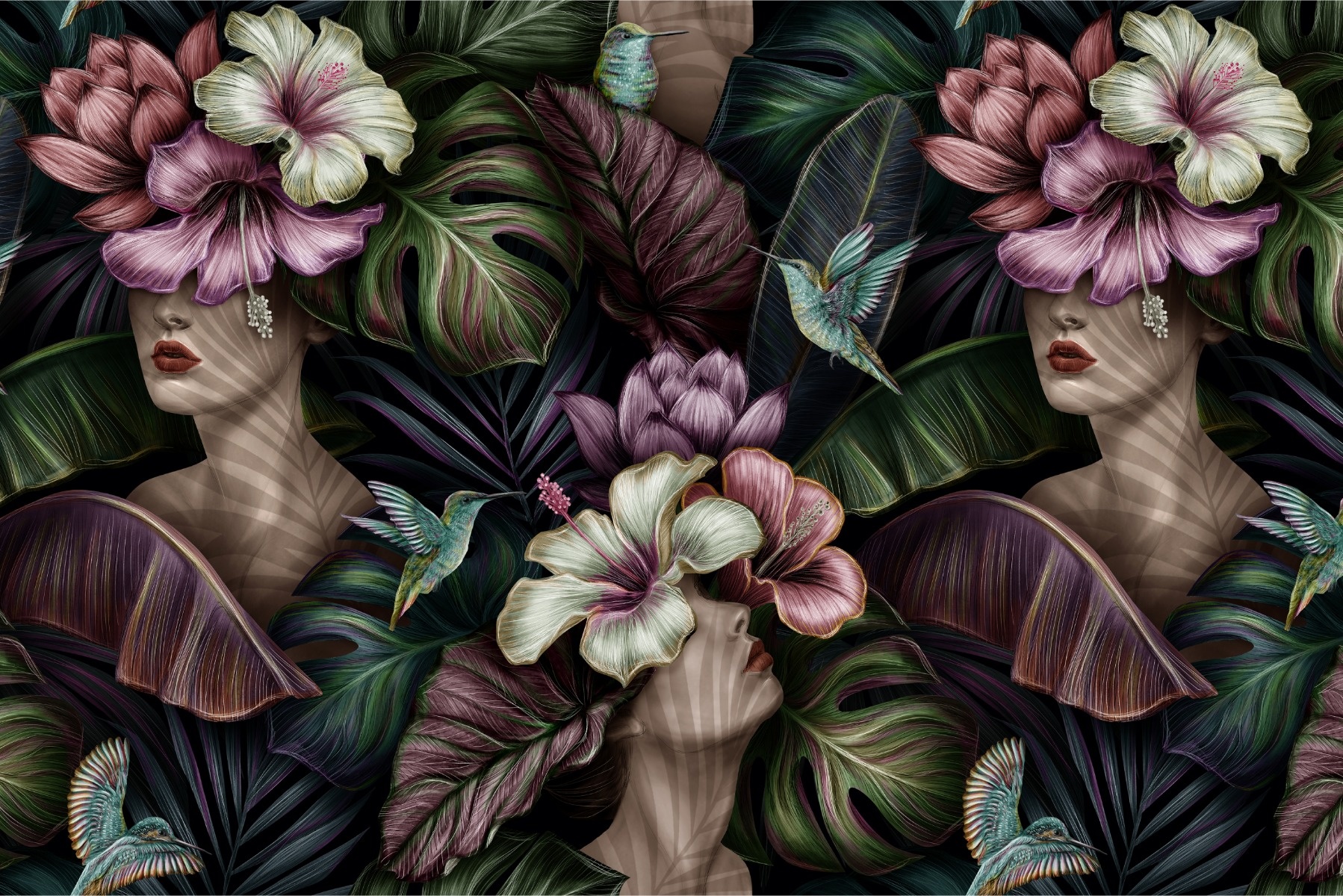 Fotobehang - Abstracte vrouwelijke gezichten tussen bloemen, 11 maten, inclusief behanglijm afbeelding