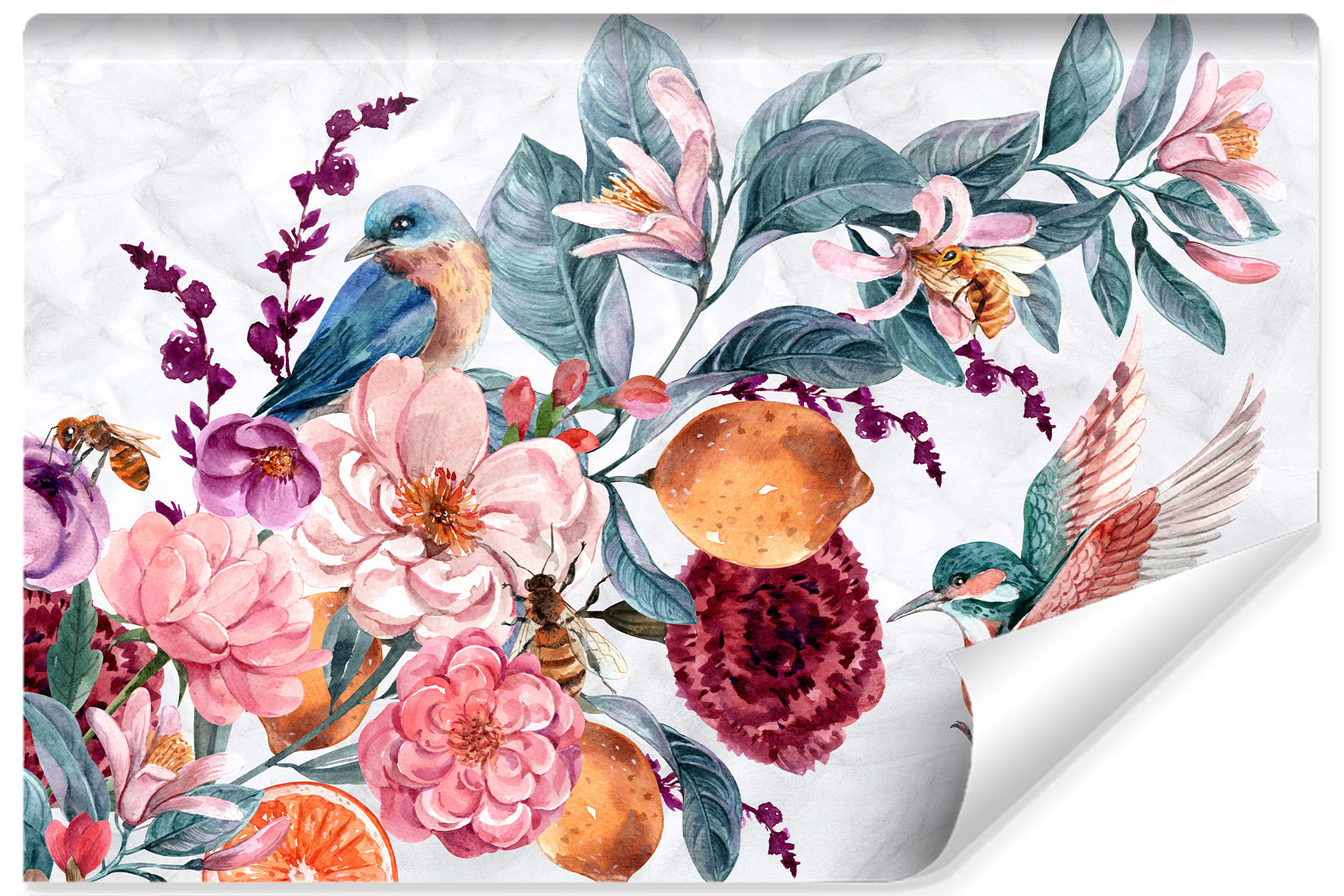 Photo wallpaper Watercolor bird among colorful flowers Non-woven 104 x 70.5 cm FT-3816-VEM