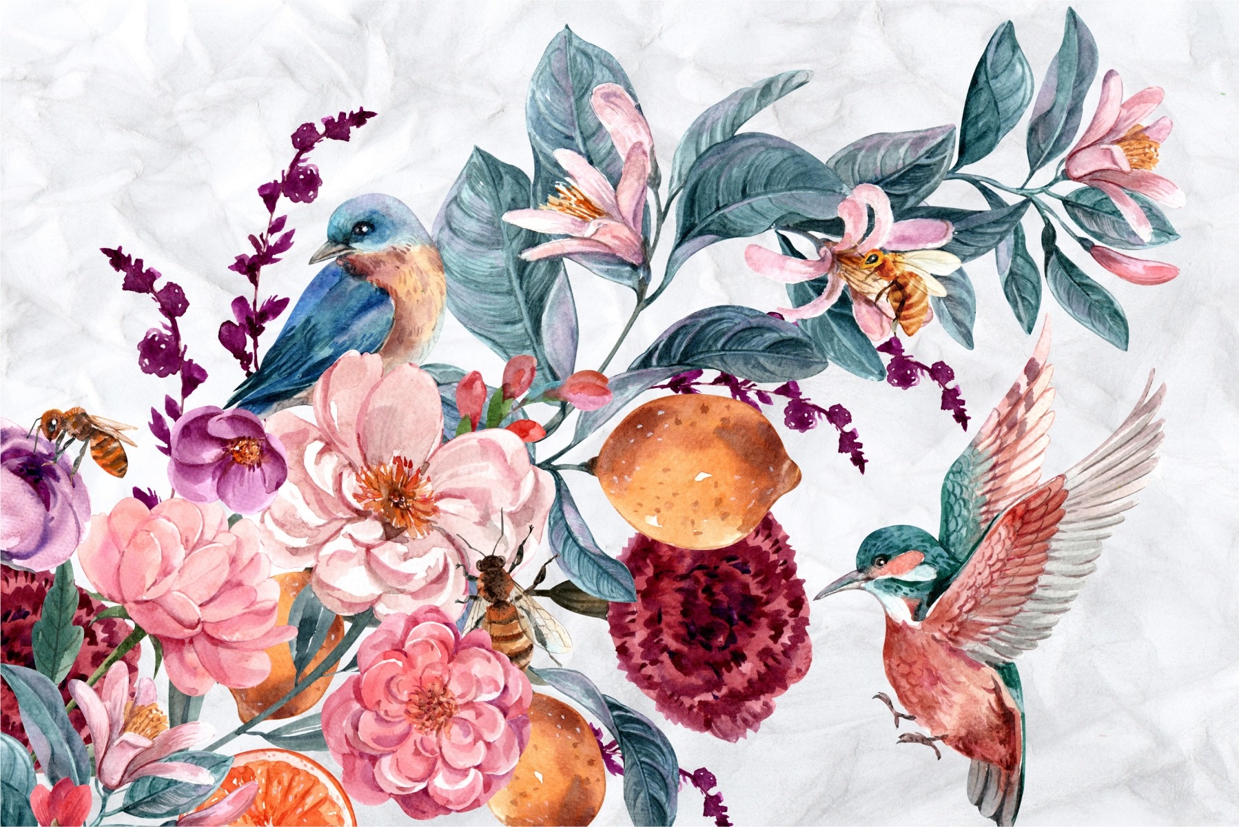Fotobehang - Waterverf vogel tussen kleurrijke bloemen, 11 maten, Inclusief behanglijm, prachtig op de muur afbeelding
