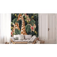 Fotobehang - Giraffen tussen de bladeren, premium print, inclusief behanglijm