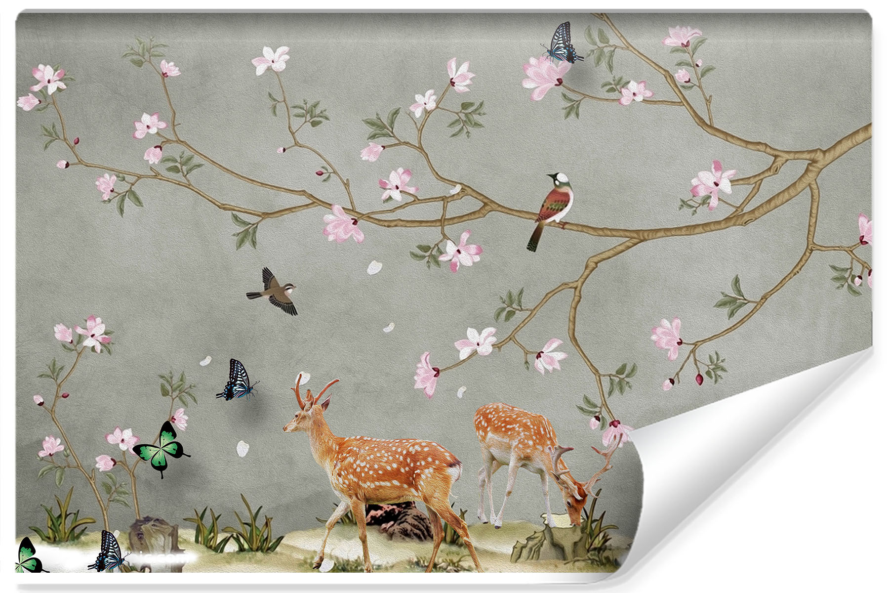 Fotobehang - Herten en vogels, premium print, inclusief behanglijm afbeelding
