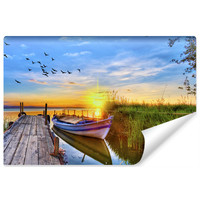 Fotobehang - Boot aan pier met zonsondergang , premium print, inclusief behanglijm
