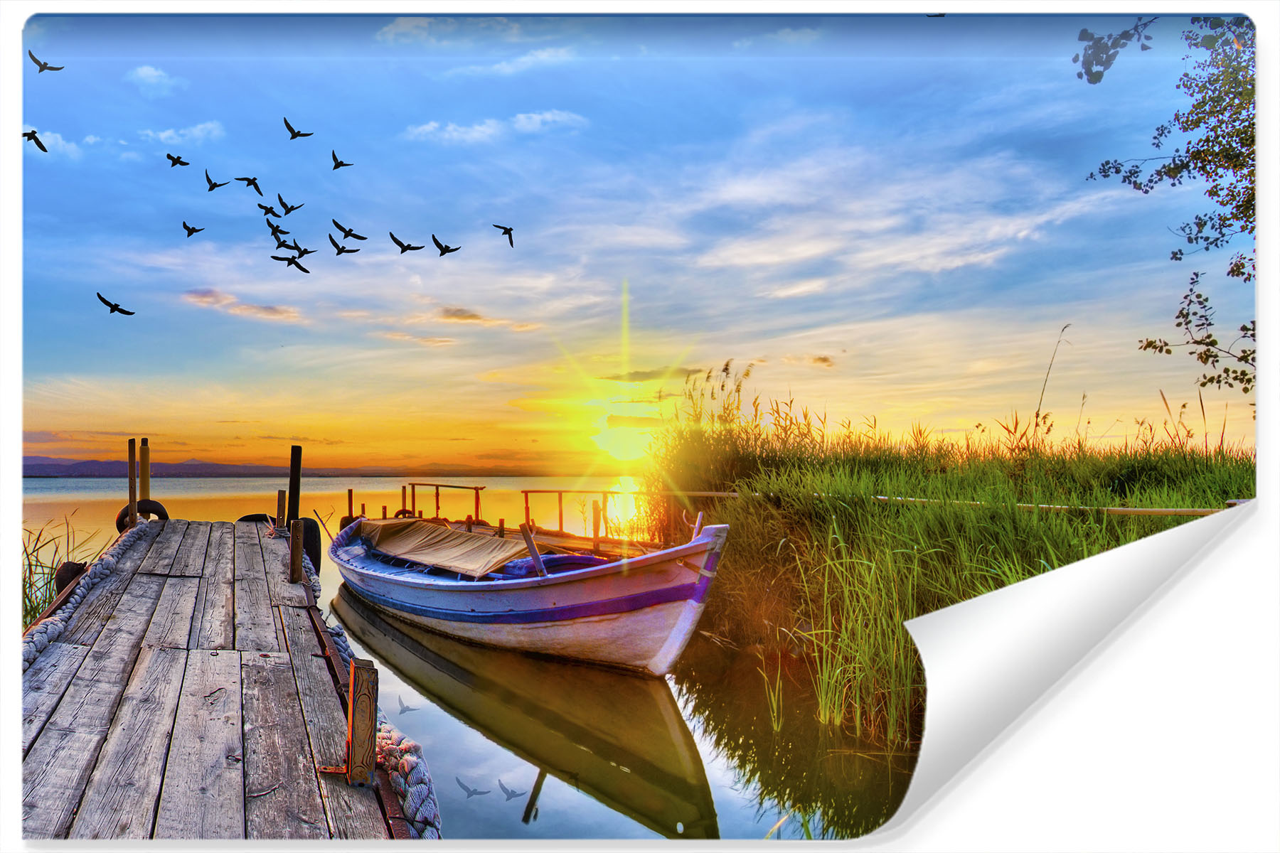 Fotobehang - Boot aan pier met zonsondergang , premium print, inclusief behanglijm