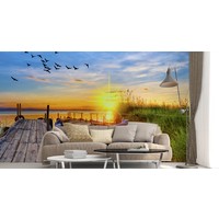 Fotobehang - Boot aan pier met zonsondergang , premium print, inclusief behanglijm