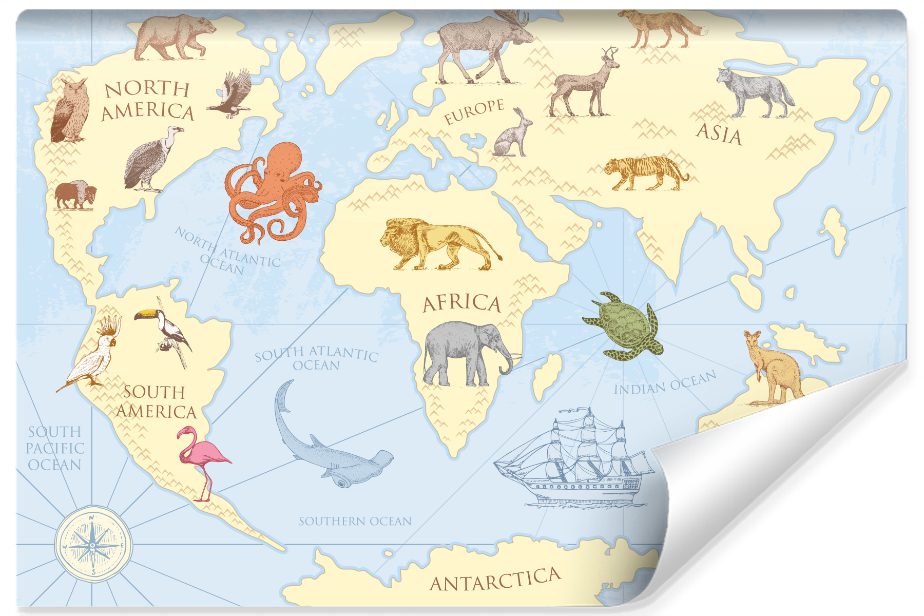 Fotobehang - Dieren rond de wereld, Kinderkamer, premium print, inclusief behanglijm afbeelding