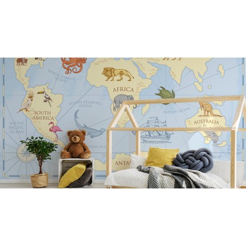 Fotobehang - Dieren rond de wereld, Kinderkamer, premium print, inclusief behanglijm