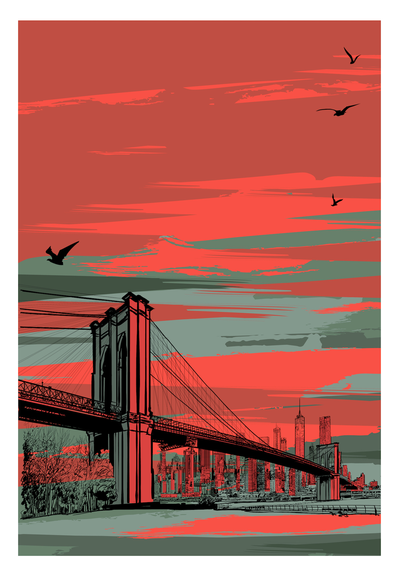 Poster - Brooklyn Bridge Illustratie, USA, premium print afbeelding