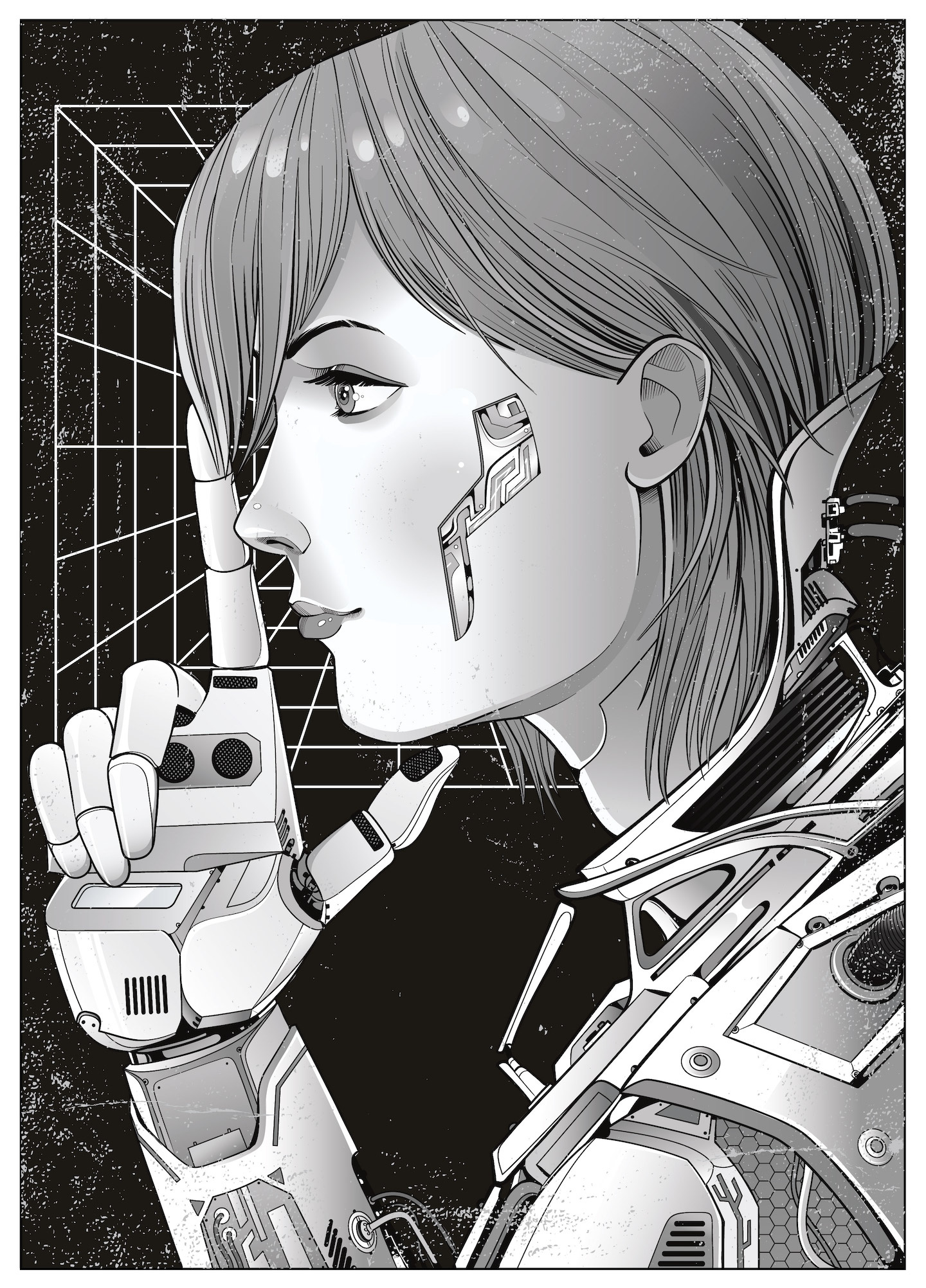 Poster - Cyberpunk Manga Stijl, zwart/wit, premium print afbeelding