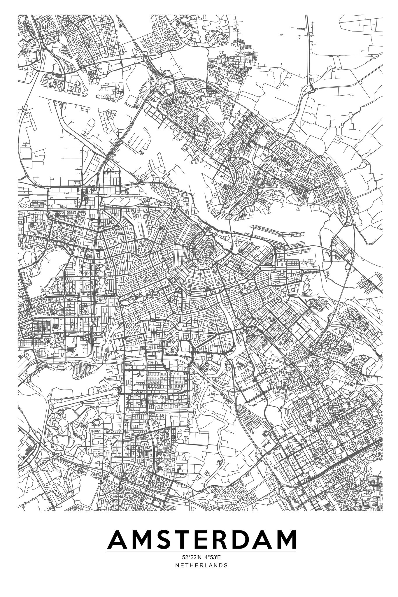 Poster - Amsterdam, City Map, 57.22N 4,54E, Plattegrond afbeelding