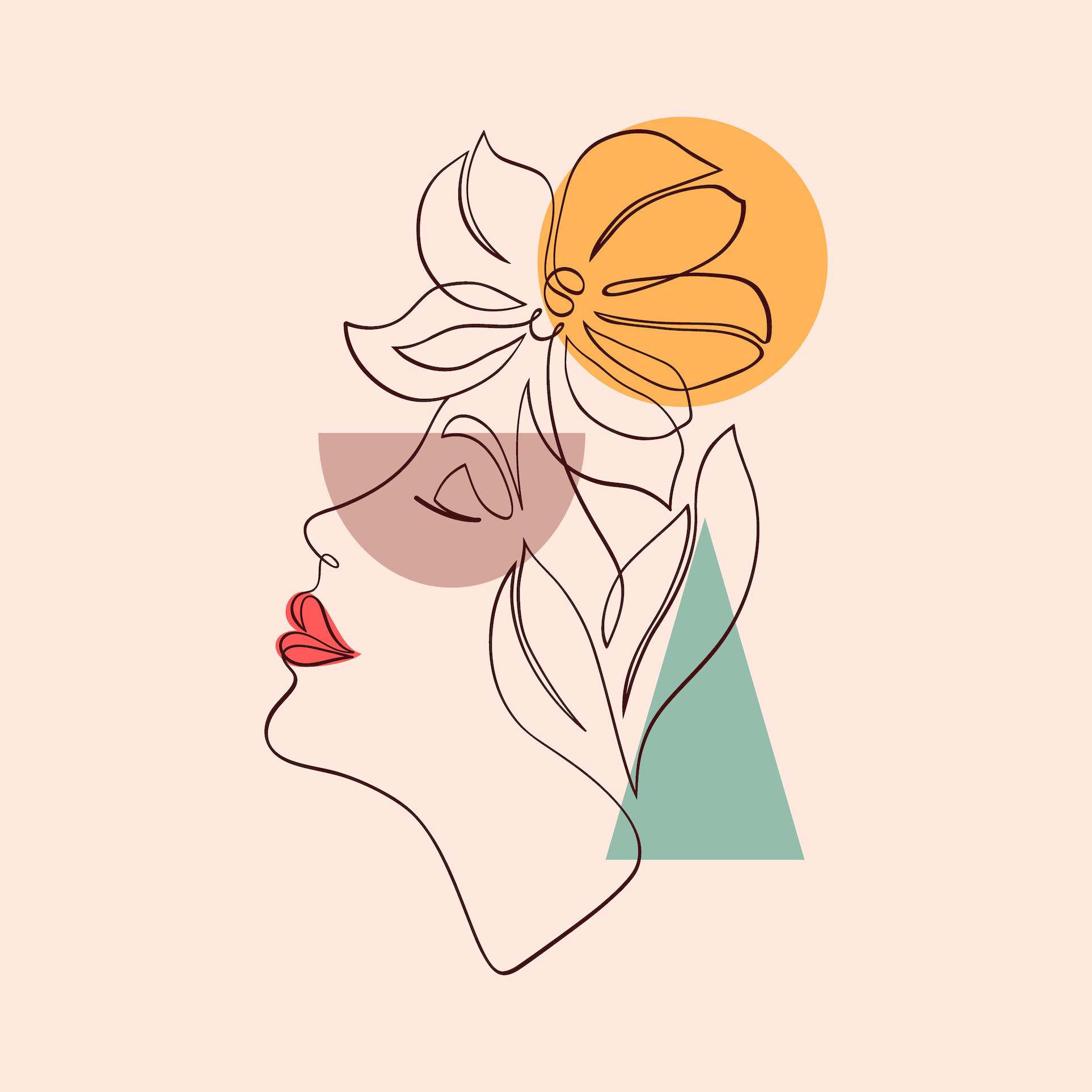 Poster - Line Art, Vrouw met Bloemen, Roze Premium Print afbeelding